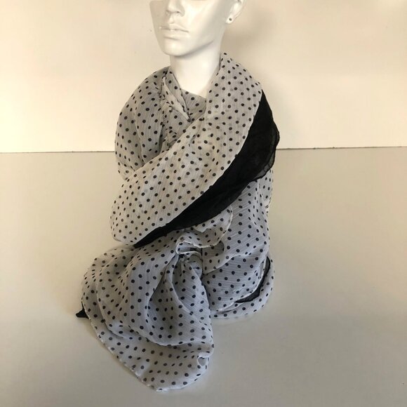 Dual Black White Polka Dot Sheer Lightweight Scarf 12x103 inch Versatile - Picture 3 of 6